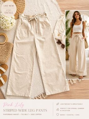 Pink Lily Tan Striped Wide Leg Pants Paperbag Waist Tie Belt Grandma coastal